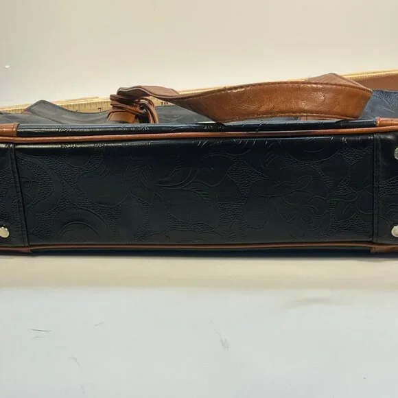 Gigi Hill Women's Black Brown Leather Tote Bag Floral Lining Shoulder Purse - Picture 7 of 9